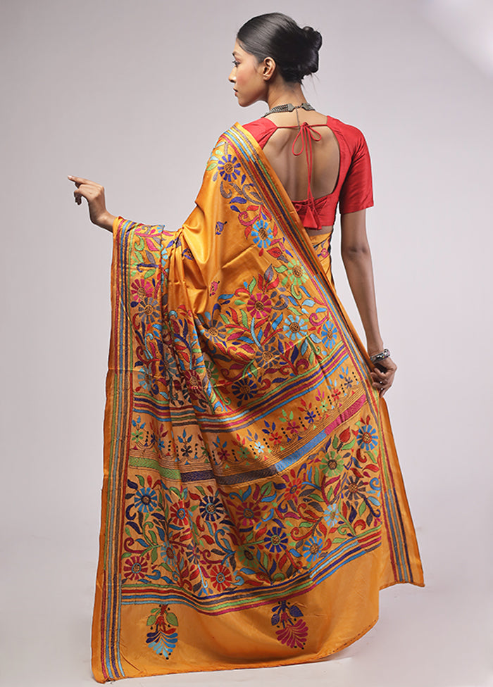 Yellow Kantha Stitch Silk Saree With Blouse Piece