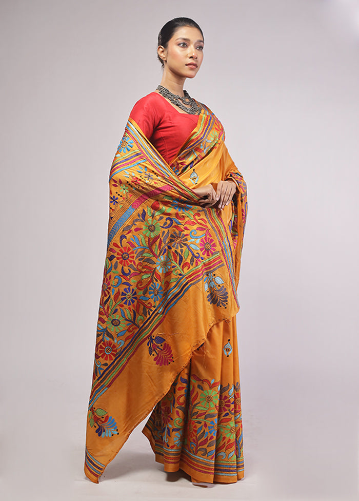 Yellow Kantha Stitch Silk Saree With Blouse Piece