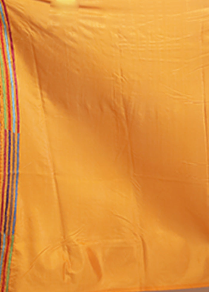 Yellow Kantha Stitch Silk Saree With Blouse Piece
