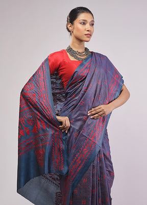Blue Kantha Stitch Silk Saree With Blouse Piece