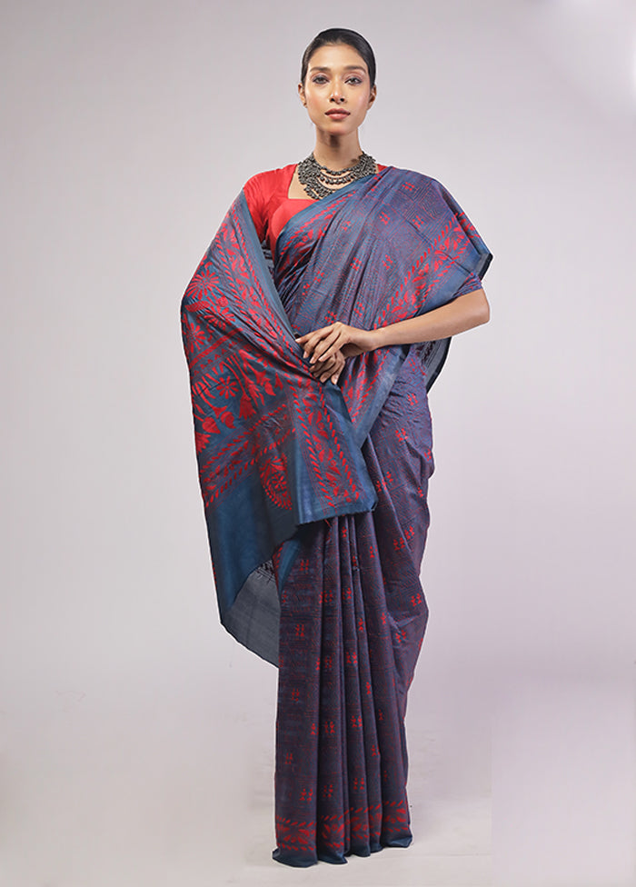 Blue Kantha Stitch Silk Saree With Blouse Piece