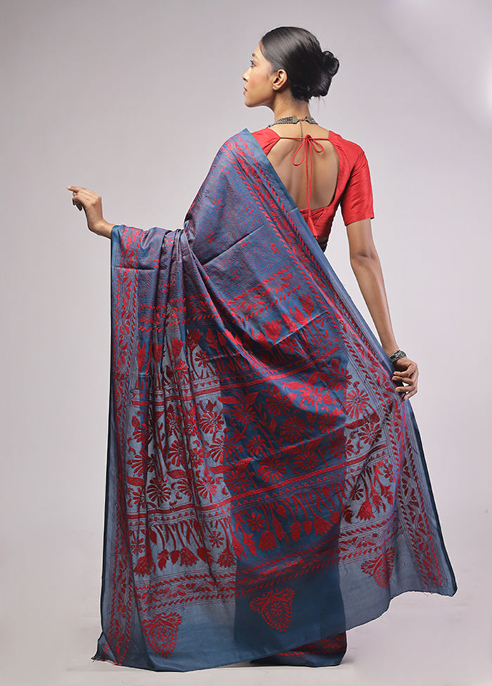 Blue Kantha Stitch Silk Saree With Blouse Piece