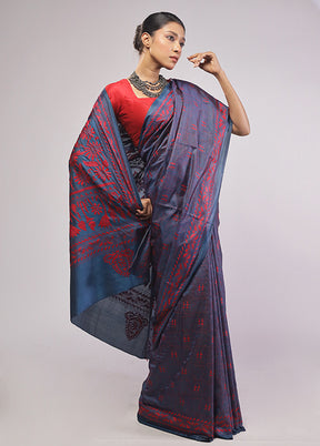 Blue Kantha Stitch Silk Saree With Blouse Piece