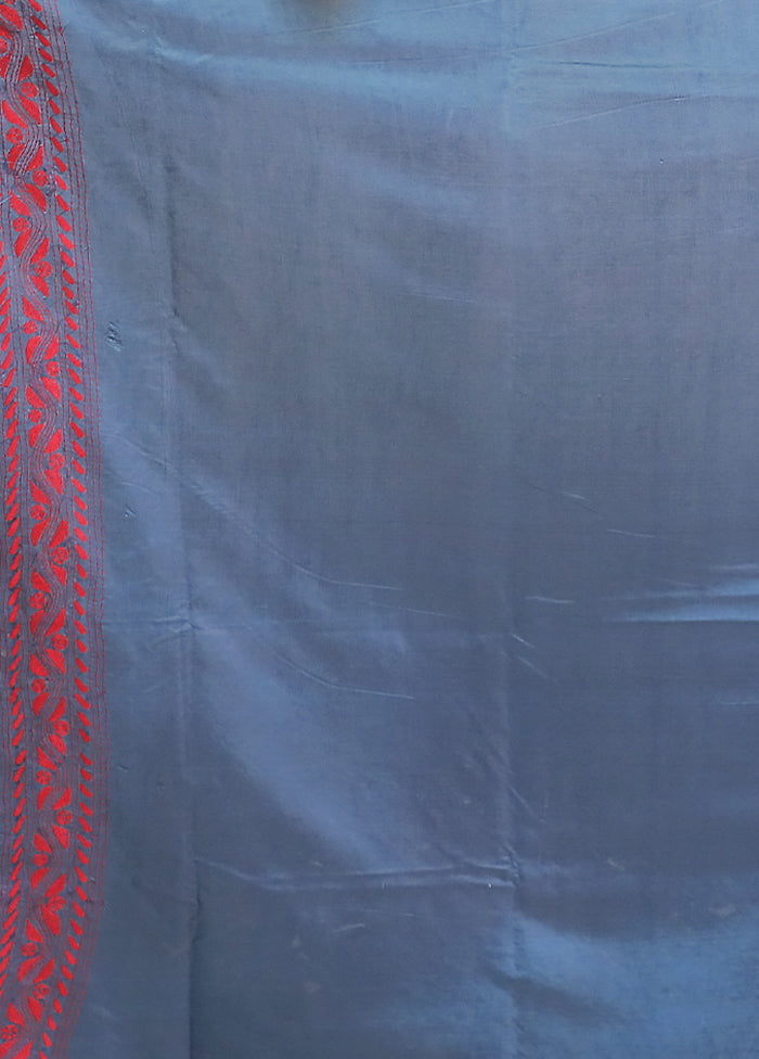 Blue Kantha Stitch Silk Saree With Blouse Piece