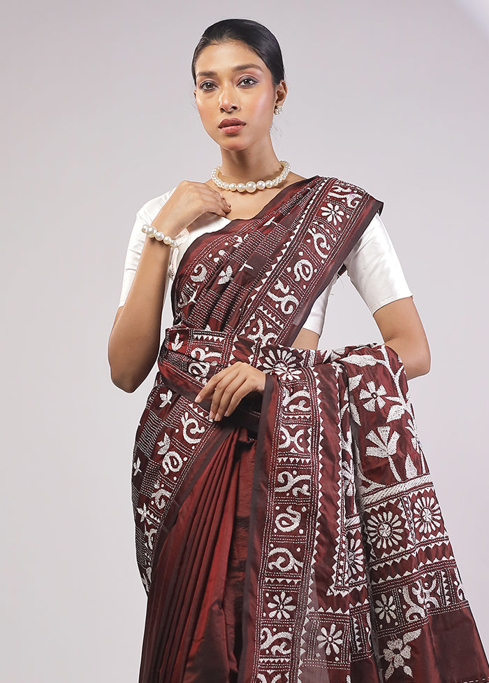 Maroon Kantha Stitch Silk Saree With Blouse Piece