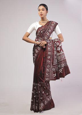 Maroon Kantha Stitch Silk Saree With Blouse Piece