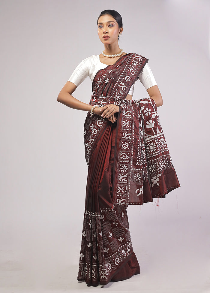 Maroon Kantha Stitch Silk Saree With Blouse Piece