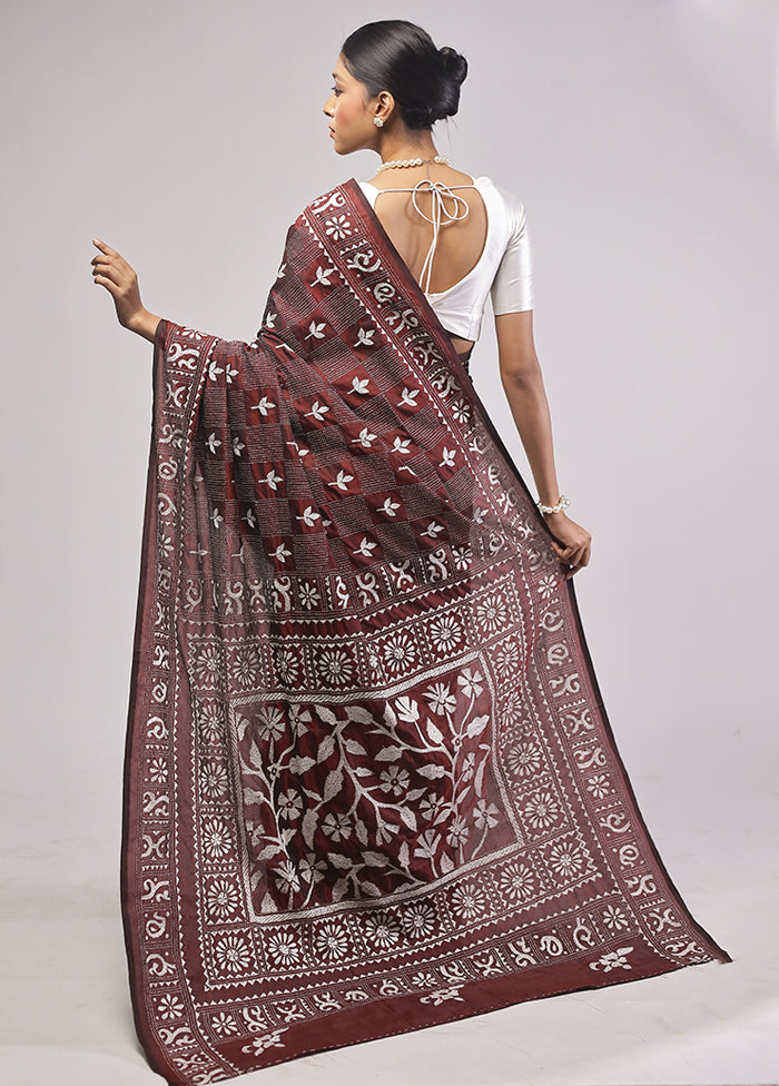 Maroon Kantha Stitch Silk Saree With Blouse Piece