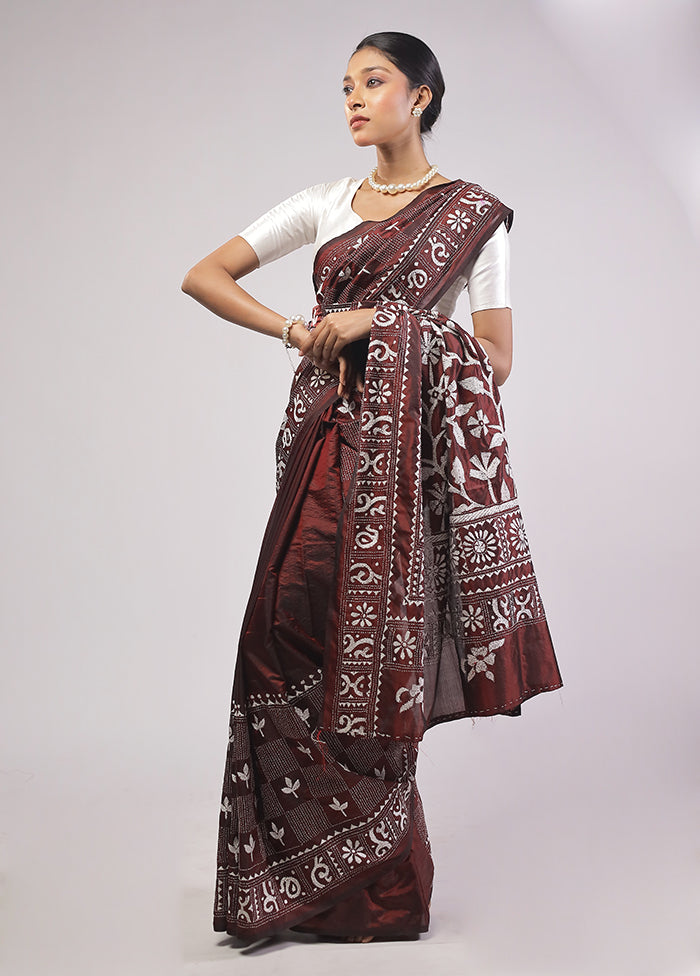 Maroon Kantha Stitch Silk Saree With Blouse Piece