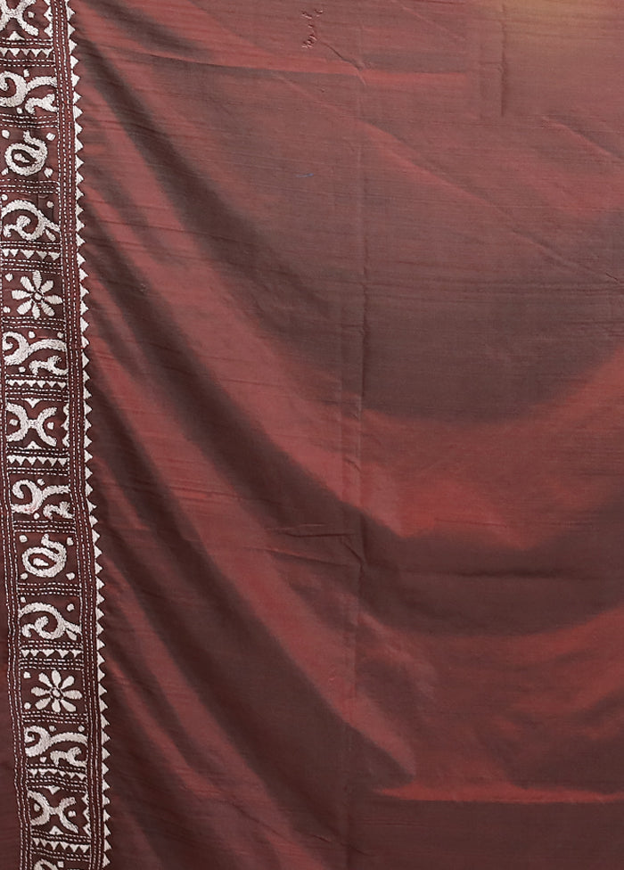 Maroon Kantha Stitch Silk Saree With Blouse Piece