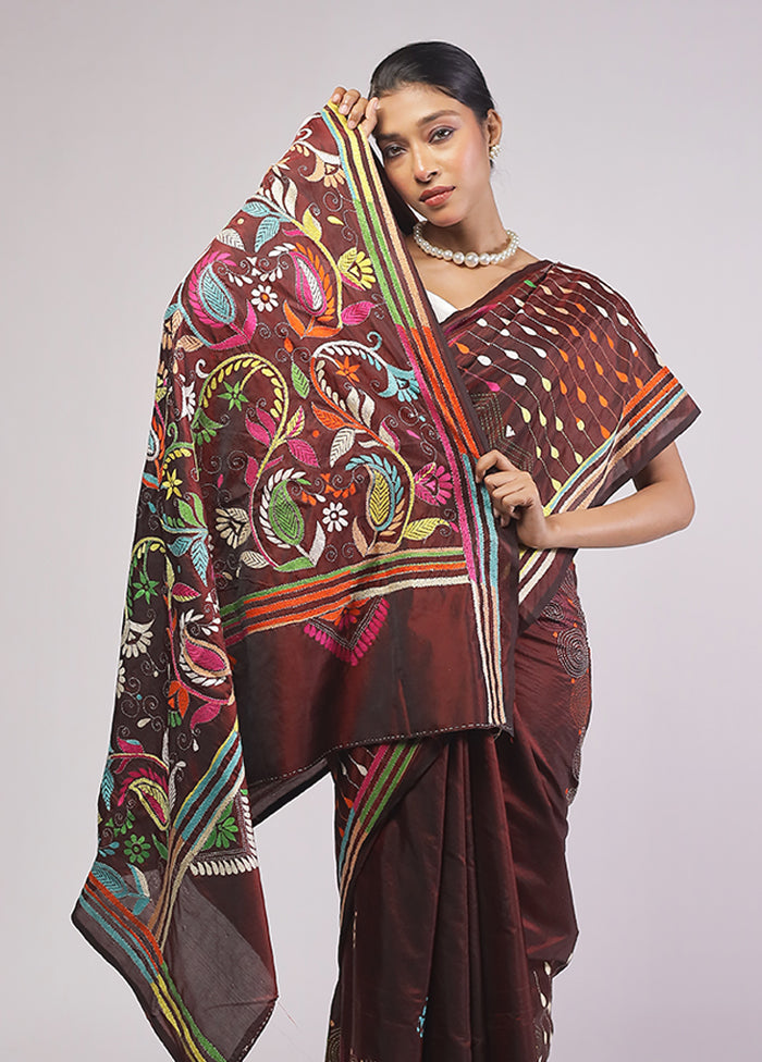 Maroon Kantha Stitch Silk Saree With Blouse Piece