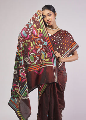 Maroon Kantha Stitch Silk Saree With Blouse Piece