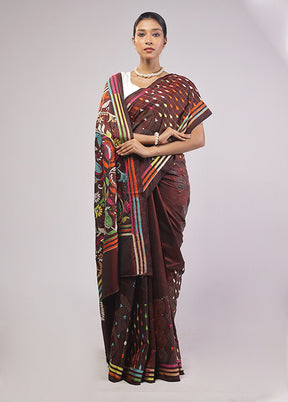 Maroon Kantha Stitch Silk Saree With Blouse Piece