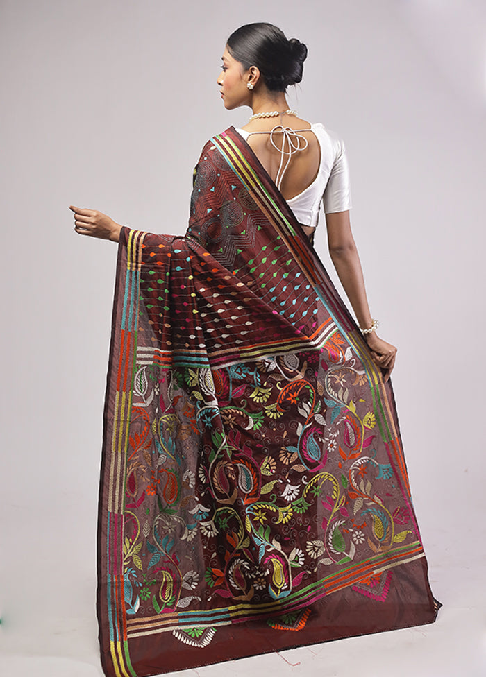 Maroon Kantha Stitch Silk Saree With Blouse Piece