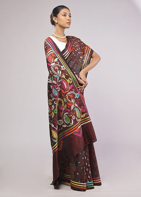Maroon Kantha Stitch Silk Saree With Blouse Piece