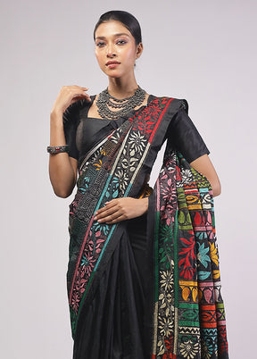 Black Kantha Stitch Silk Saree With Blouse Piece