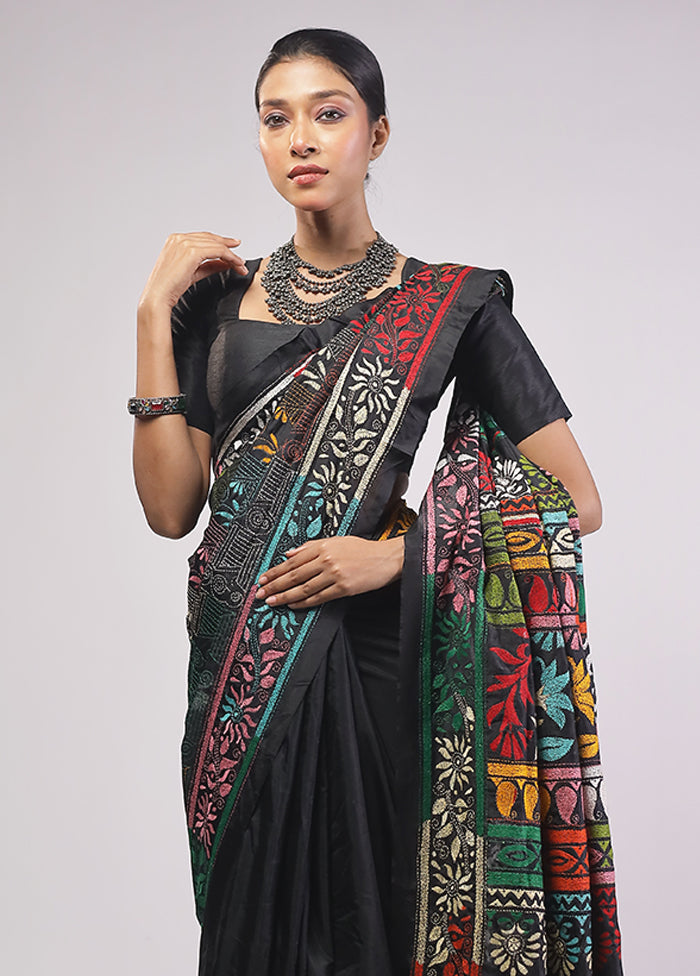 Black Kantha Stitch Silk Saree With Blouse Piece