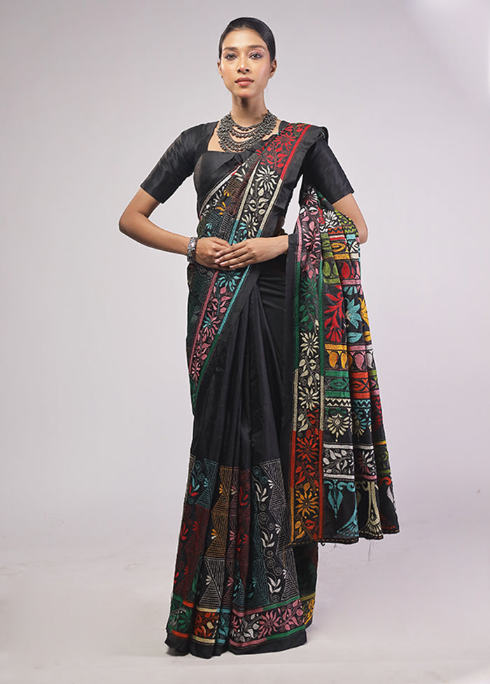 Black Kantha Stitch Silk Saree With Blouse Piece
