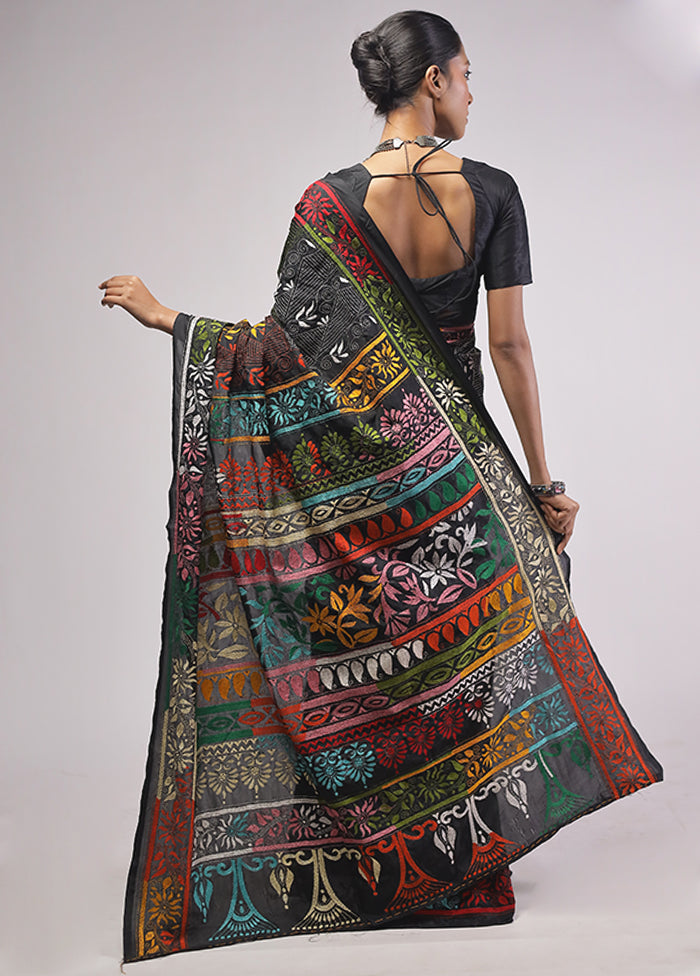 Black Kantha Stitch Silk Saree With Blouse Piece