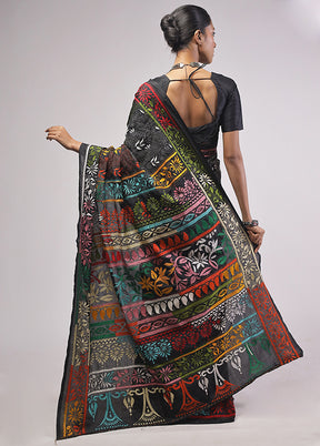 Black Kantha Stitch Silk Saree With Blouse Piece