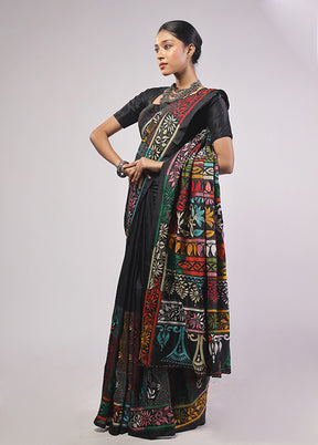 Black Kantha Stitch Silk Saree With Blouse Piece
