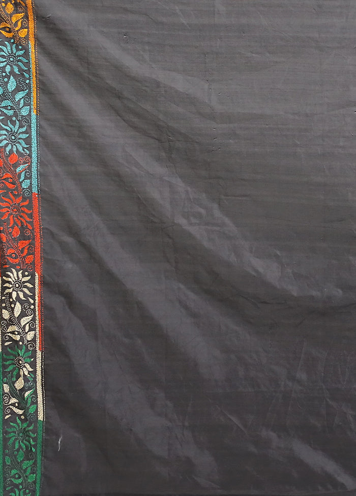 Black Kantha Stitch Silk Saree With Blouse Piece