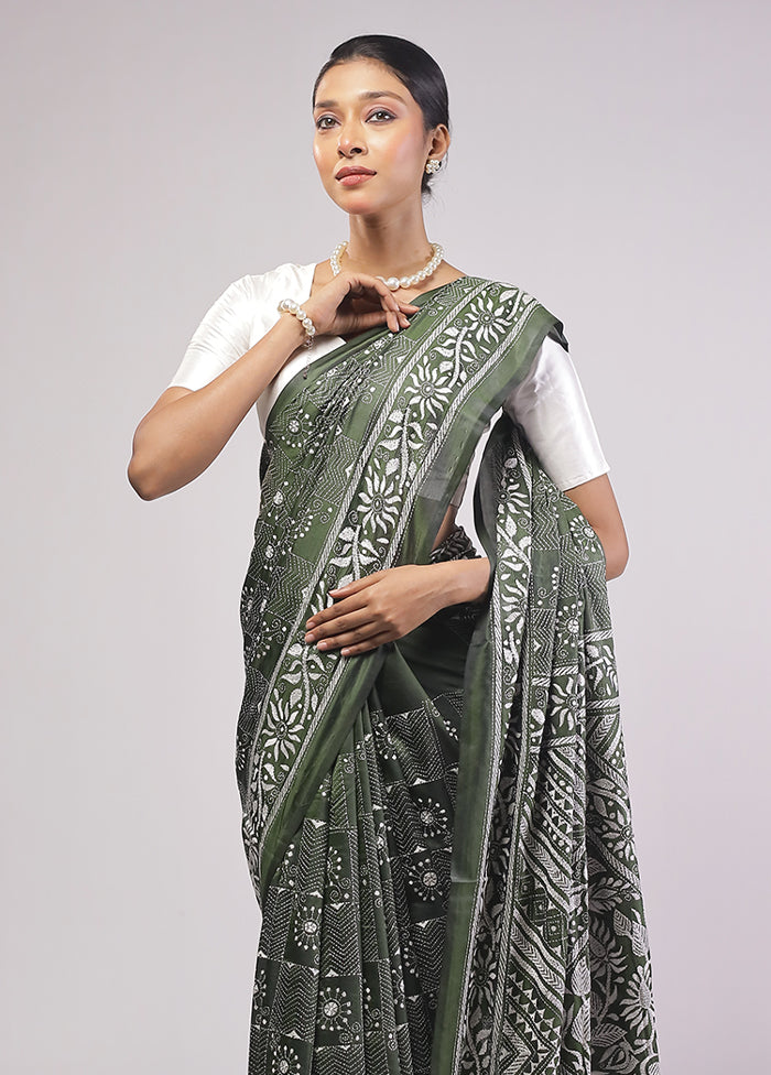 Green Kantha Stitch Silk Saree With Blouse Piece