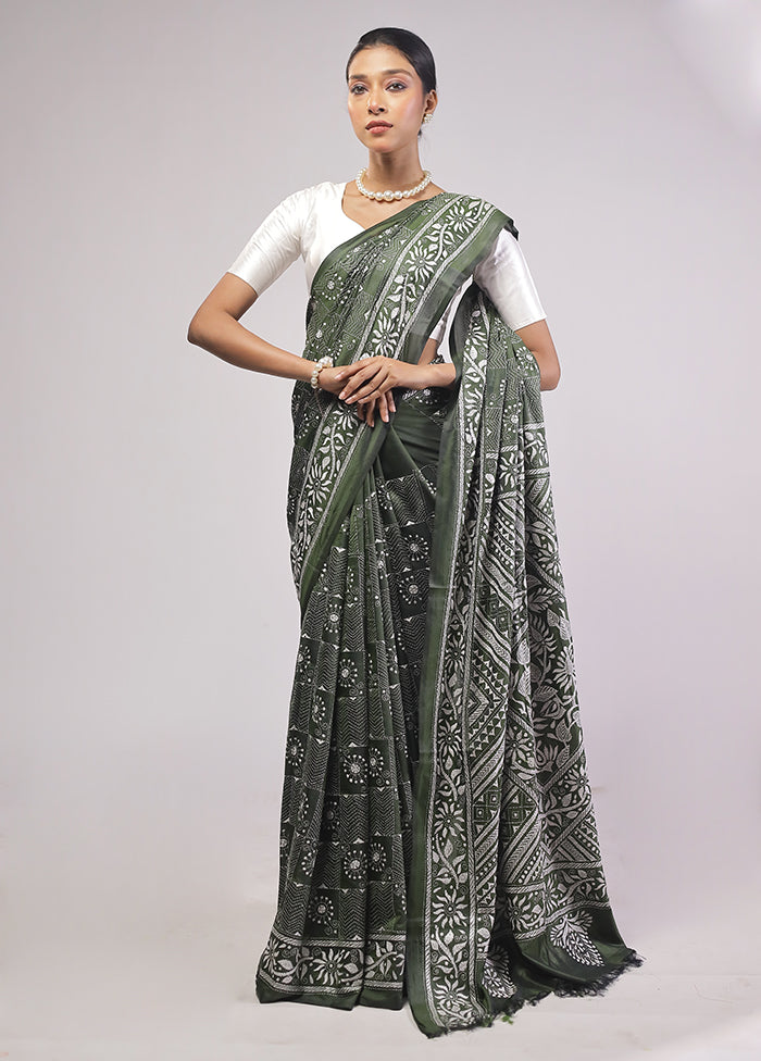 Green Kantha Stitch Silk Saree With Blouse Piece