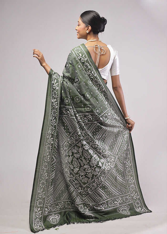 Green Kantha Stitch Silk Saree With Blouse Piece