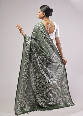 Green Kantha Stitch Silk Saree With Blouse Piece