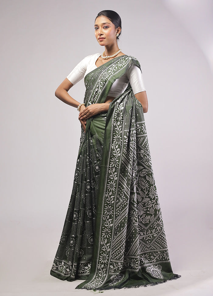 Green Kantha Stitch Silk Saree With Blouse Piece