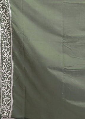 Green Kantha Stitch Silk Saree With Blouse Piece