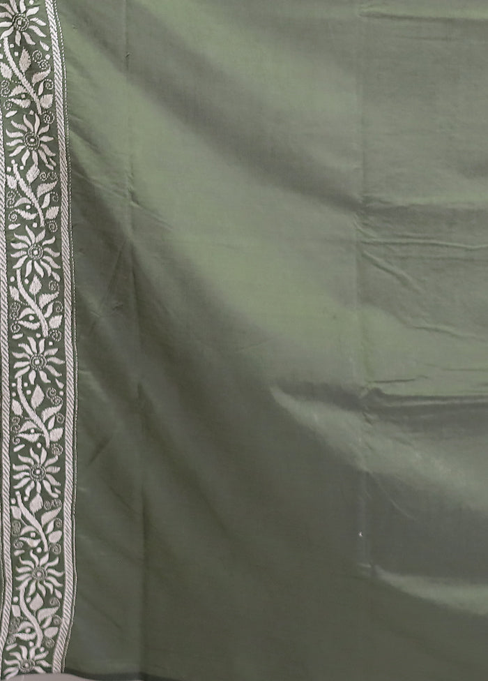 Green Kantha Stitch Silk Saree With Blouse Piece