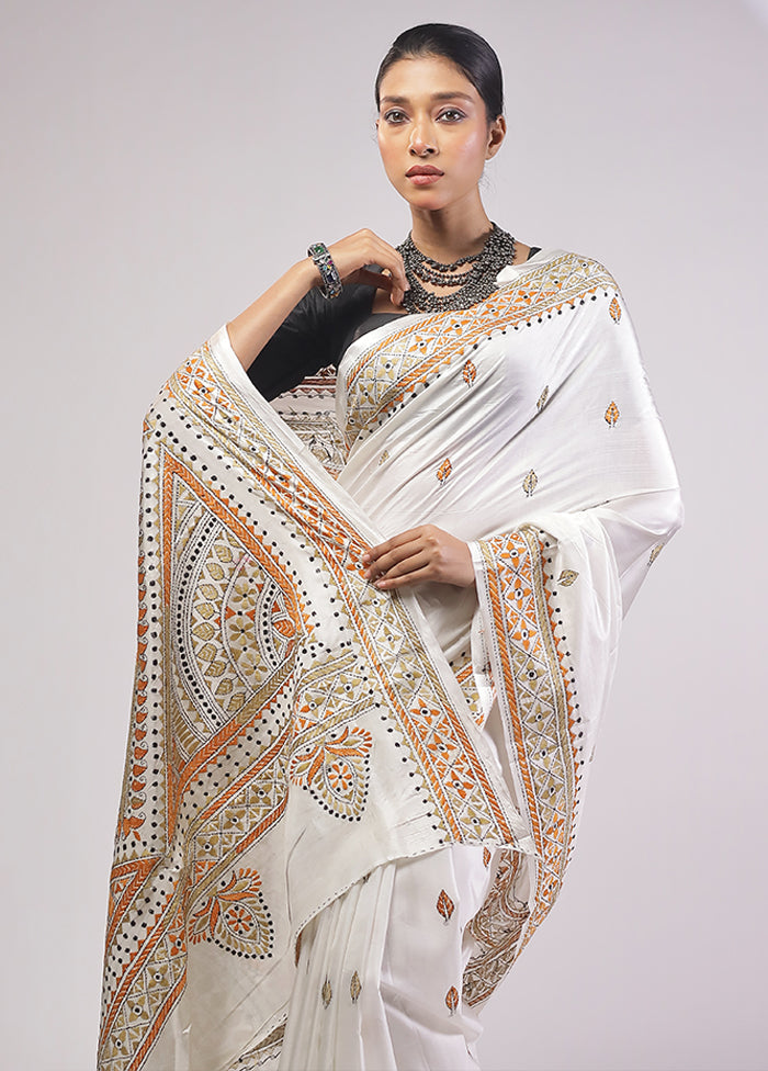 White Kantha Stitch Silk Saree With Blouse Piece
