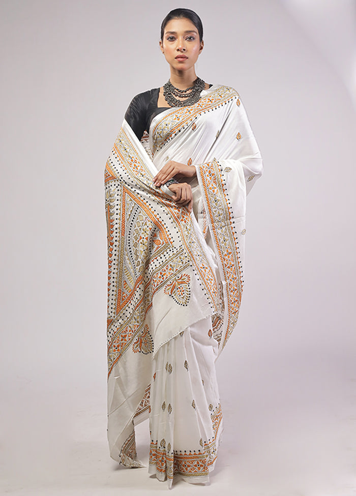 White Kantha Stitch Silk Saree With Blouse Piece