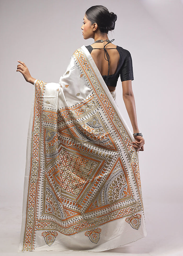 White Kantha Stitch Silk Saree With Blouse Piece