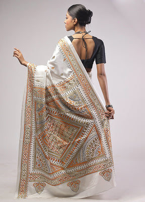 White Kantha Stitch Silk Saree With Blouse Piece