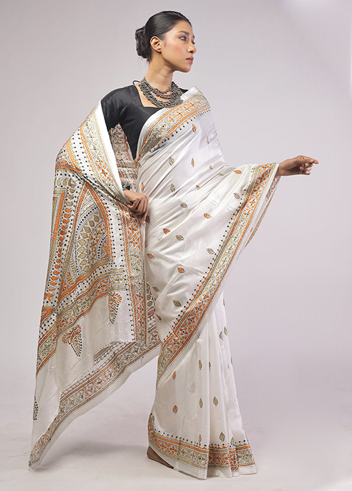 White Kantha Stitch Silk Saree With Blouse Piece