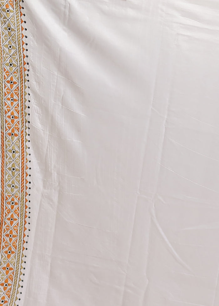 White Kantha Stitch Silk Saree With Blouse Piece