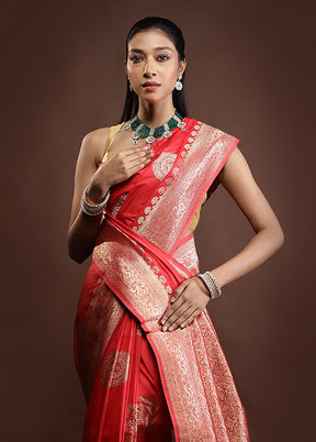 Red Dupion Silk Saree With Blouse Piece