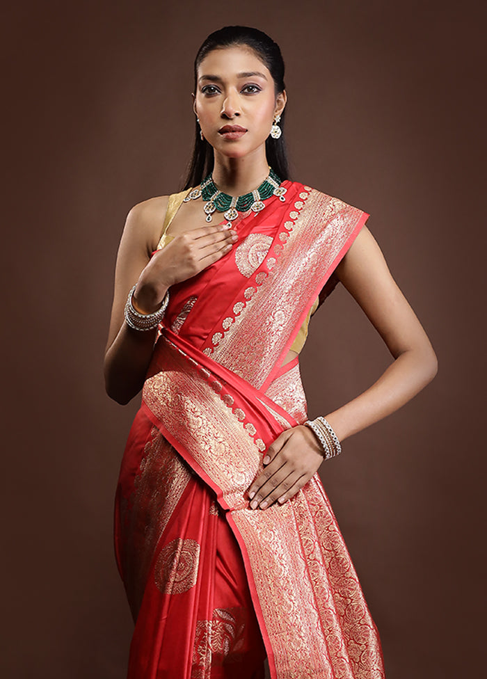 Red Dupion Silk Saree With Blouse Piece