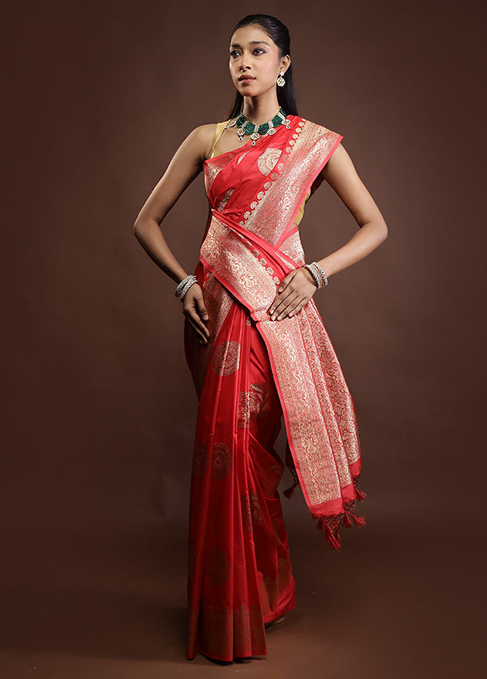Red Dupion Silk Saree With Blouse Piece