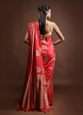 Red Dupion Silk Saree With Blouse Piece