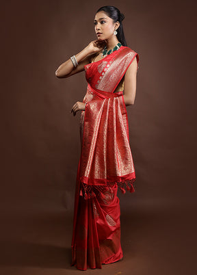 Red Dupion Silk Saree With Blouse Piece