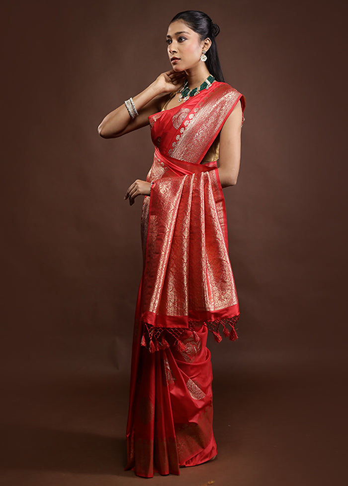 Red Dupion Silk Saree With Blouse Piece