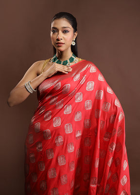 Red Dupion Silk Saree With Blouse Piece