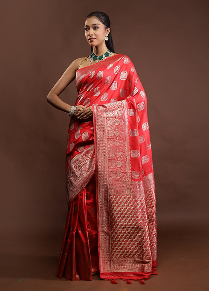 Red Dupion Silk Saree With Blouse Piece