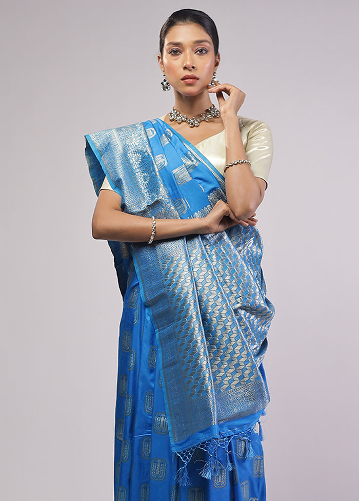 Blue Dupion Silk Saree With Blouse Piece
