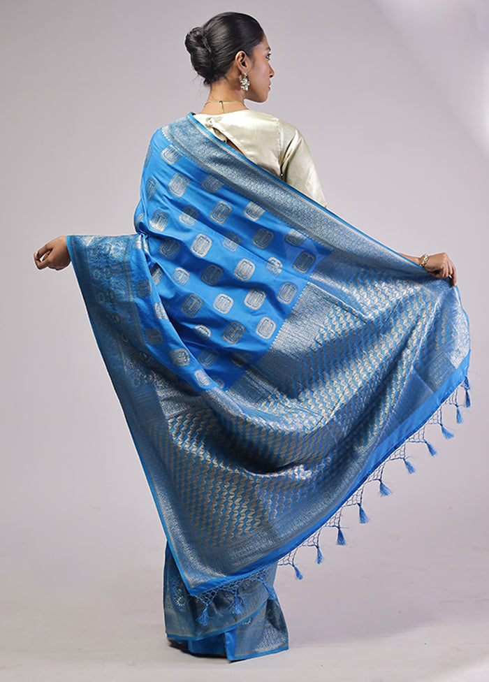 Blue Dupion Silk Saree With Blouse Piece