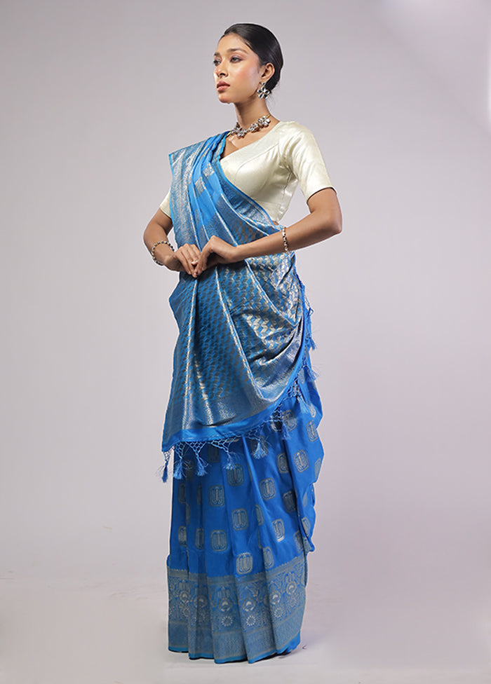 Blue Dupion Silk Saree With Blouse Piece